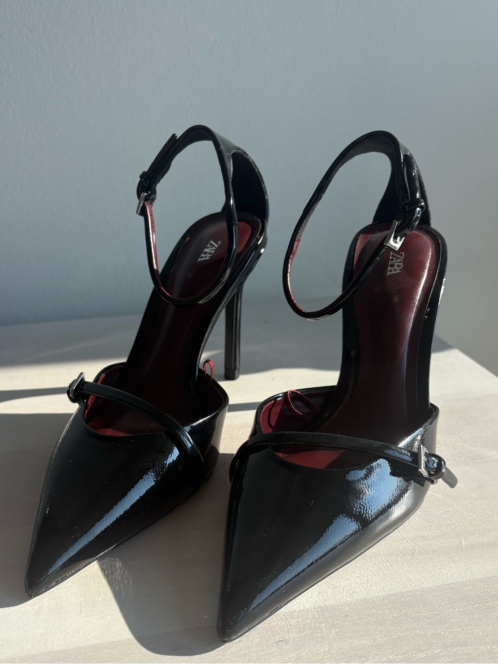 Zara Black Patent Pointed-Toe Ankle-Strap Heels with Maroon Insole